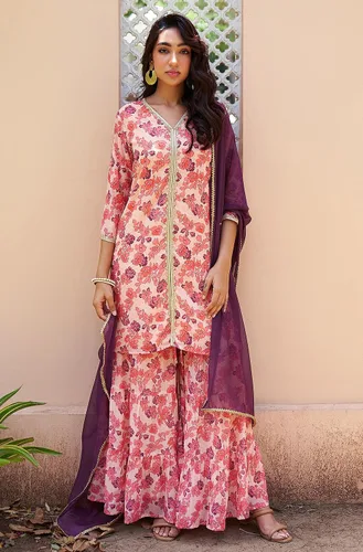 Miniatura 3 de Janasya Conjunto Kurta Embellecido con estampado floral digital rosa Georgette para mujer