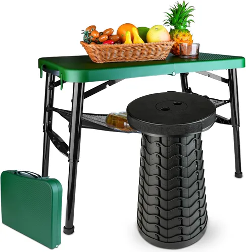 Juego de mesa y taburete plegable portátil, mesa plegable ligera y taburete plegable para camping, picnic, playa, pesca, mesa resistente para Verde