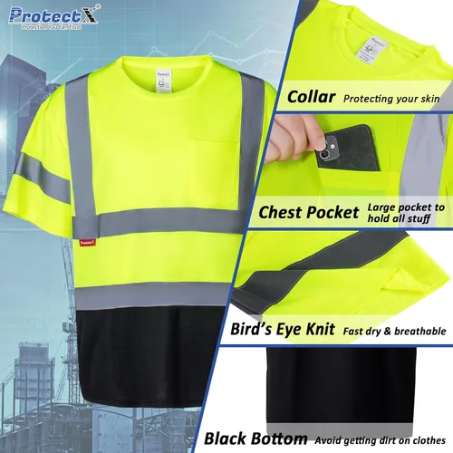 Miniatura 3 de ProtectX Camiseta de seguridad reflectante de manga corta de alta visibilidad, camisas de alta visibilidad transpirables resistentes para hombres