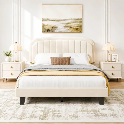 Cozy Castle Base de cama tamaño Full, plataforma tapizada con cabecera curvada ajustable de terciopelo, base de colchón con listones de madera Crema