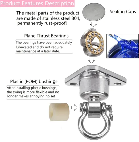 Miniatura 2 de Silent Bearing Swing Hanger resistente, a prueba de óxido SUS, capacidad de 1500 libras, rotación de 360 grados, patio de recreo, porche, yoga