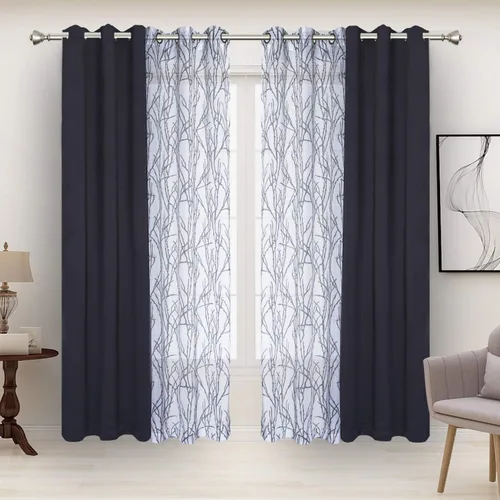 Miniatura 25 de BONZER Cortinas para Mezclar y Combinar - 2 Piezas de Cortinas Transparentes con Estampado de Ramas y 2 Piezas de Cortinas Opacas para Dormitorio