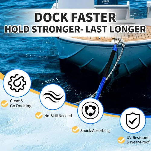 Miniatura 8 de Blue Bungee Dock Lines Paquete de 2 con ganchos dobles y tubos flotantes - Cuerdas de barco resistentes para moto acuática, pontón, kayak, 4 pies a