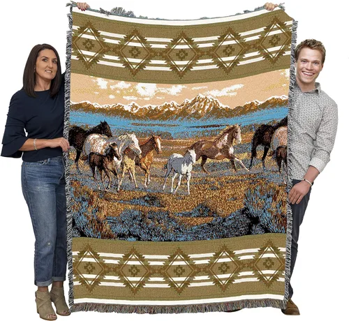 Miniatura 14 de Pure Country Weavers Manta con diseño de hermosas rubias de Robert Duncan, regalo para los amantes de los caballos, manta occidental tejida