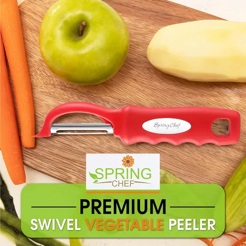 Miniatura 7 de Spring Chef Pelador de verduras giratorio profesional rojo para cocina, peladores de papas de acero inoxidable con mango de agarre suave, perfecto