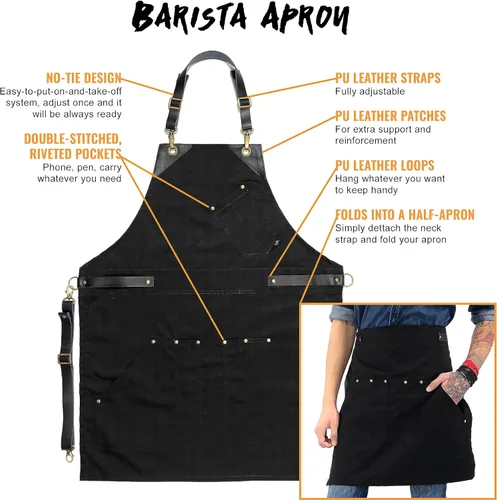 Miniatura 6 de Under NY Sky Delantal de barista, correas de cuero negro y refuerzo, bolsillos remachados, doble costura, lazo de anillo de cuero, sarga negra