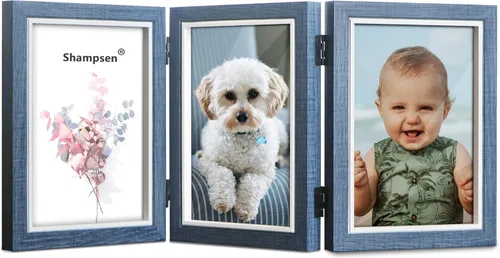 Trifold Picture Frame 5x7 Blue Photo Collage Frame Hinged Triple Foldable Frame Blue for Tabletop Desk Display Gift for Mother, Friend