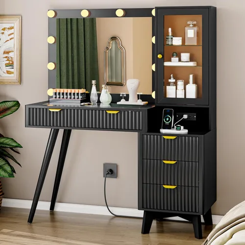 Escritorio de tocador acanalado con espejo y luces, juego de mesa de maquillaje con parte superior de vidrio de 45 pulgadas con 5 cajones, toma de