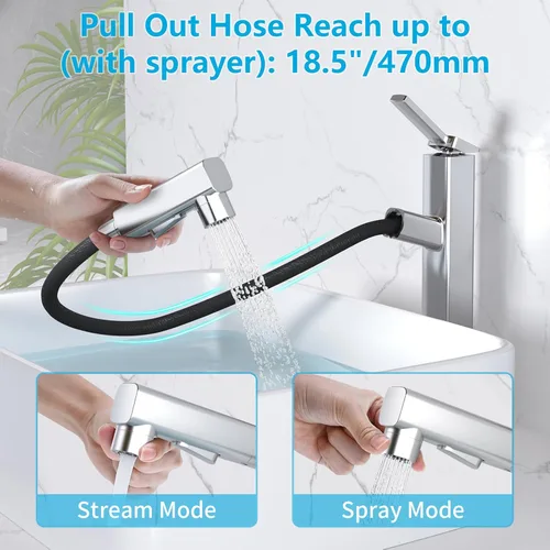 Miniatura 3 de MIAOHUI Grifo de lavabo de recipiente con rociador extraíble, grifo alto de lavabo de baño de 3 modos de pulverización, grifos de baño altos