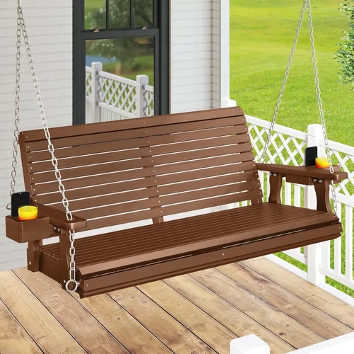 Miniatura 12 de Real Relax - Columpio de madera para el porche delantero, silla colgante de patio al aire libre de 2 plazas con portavasos, banco de asiento