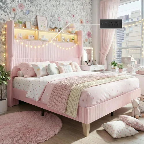 Miniatura 12 de HOMRELEXA Base de cama tamaño matrimonial para niñas con cabecera de 51 pulgadas de alto, luces LED y estación de carga, plataforma tapizada de pana