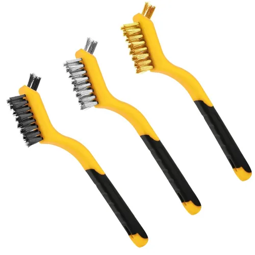 Miniatura 8 de Juego de 3 cepillos de alambre, cerdas de nailon/latón/acero inoxidable con mango curvado para limpieza con mango curvado para eliminación de óxido