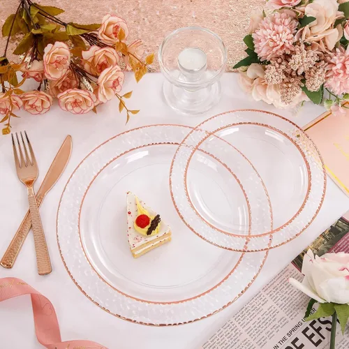 Miniatura 5 de Liacere 350 platos de plástico color oro rosa, platos desechables de rosa transparente, 50 invitados, incluyen 50 platos llanos, 50 platos