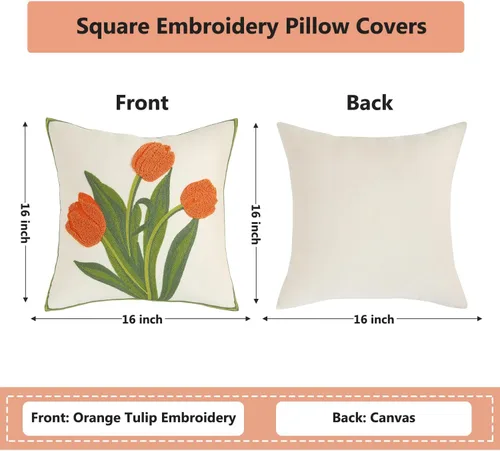Miniatura 2 de Fundas de almohada bordadas de 16 x 16 pulgadas, paquete de 2 fundas de almohada de tulipán naranja con diseño floral de primavera, fundas