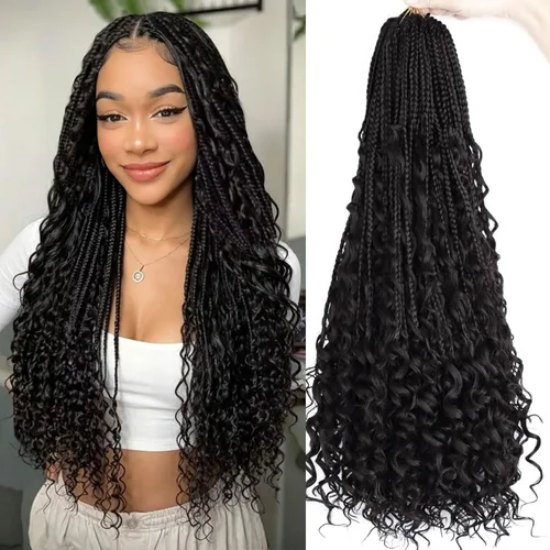 Miniatura 14 de LMZIM 18 Pulgadas Trenzas de Caja Bohemias 8 Paquetes Trenzas de Caja de Diosa Bohemia Cabello de Ganchillo con Puntas Rizadas Cabello de Ganchillo