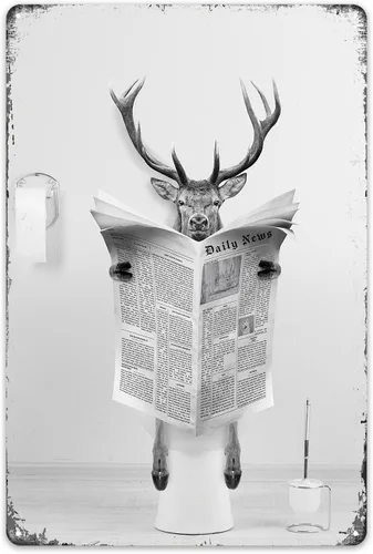 Cartel de metal divertido de ciervo, decoración perfecta de baño en blanco y negro para paredes de inodoro, 8 x 12 pulgadas