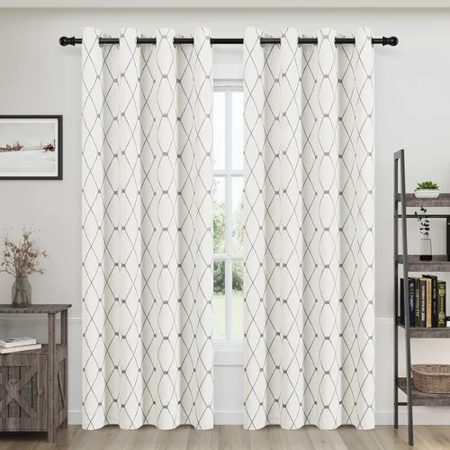 Miniatura 33 de Joywell Cortinas jacquard con ojales para sala de estar, 108 pulgadas de largo, línea ondulada negra con patrón de puntos, cortinas bordadas
