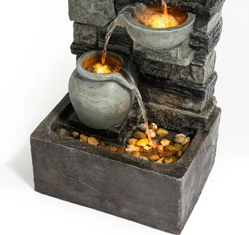 Miniatura 5 de Teamson Home Fuente de agua en cascada de piedra apilada de 4 niveles para exteriores de 28.5 pulgadas con luces LED, gris