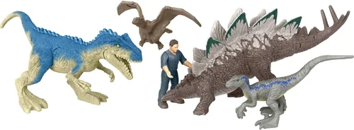Mattel Jurassic World Dominion Chaotic Cargo - Paquete de 5 mini figuras, 1 humano y 4 juguetes de dinosaurio en paquete temático de camión de carga