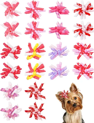 Miniatura 9 de PET SHOW 20 unidades/10 pares de moños rizados para el pelo de perros con bandas de goma para perros pequeños y medianos, en espiral