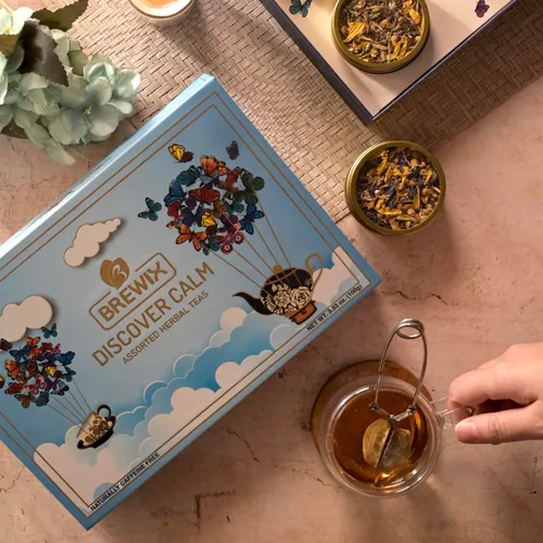 Miniatura 7 de BREWIX, Descubre Calma Caja de Regalo de Té de Hierbas Premium para Navidad (100g/50+ Tazas) Juego de Regalo de Té para Amantes del Té 6 Tés