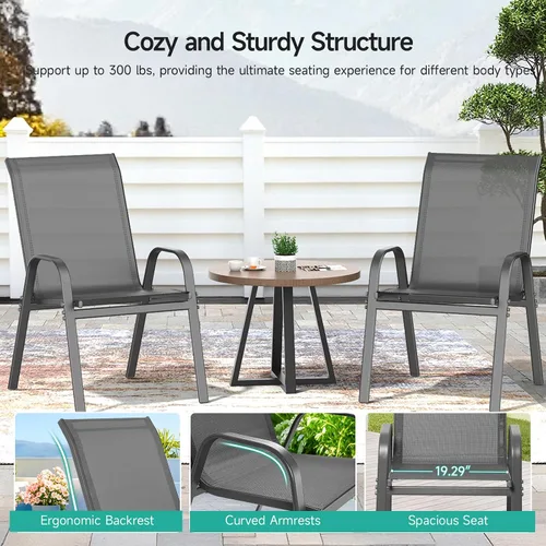Miniatura 7 de Juego de 2 sillas de patio, sillas de comedor exterior apilables de fácil montaje con respaldo alto y asiento ancho, sillas exteriores transpirables