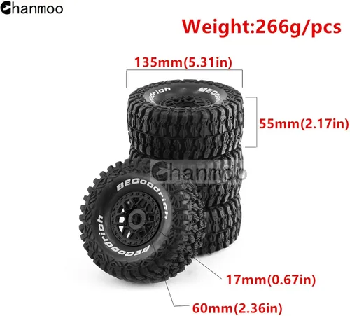 Miniatura 2 de 1/7 1/8 RC Short Course Truck Buggy Neumáticos y ruedas 0.669 in Hex OD 5.315 in Neumáticos todoterreno para 1:7 1:8 Escala RC Off-Road Truck Car