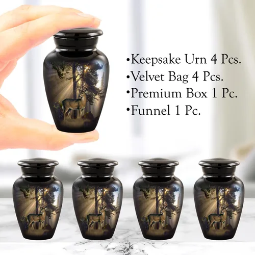 Miniatura 2 de Urnas de recuerdo de caza de venado con rayos de sol – Juego de 4 urnas mini de venado majestuoso para cenizas humanas – Urna de cremación
