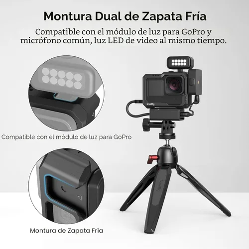 Miniatura 3 de SmallRig Hero 13 / Hero12 / Hero11 / Hero 10 / Hero 9 jaula negra para GoPro, con 2 soportes de zapata fría para GoPro Light Mod y micrófono común
