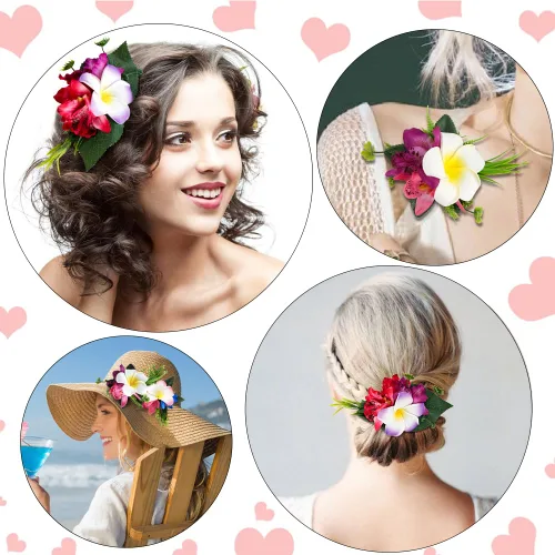 Miniatura 2 de Accesorios para el cabello de flores de plumeria hawaiana Ahoney para mujeres y niñas - 4 piezas de broches y horquillas de flores artificiales