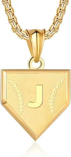 Miniatura 33 de Collar con inicial de la A a la Z para niños, de acero inoxidable, con dije de escudo de letra, cadena de 22 + 2 pulgadas, inspirador de béisbol