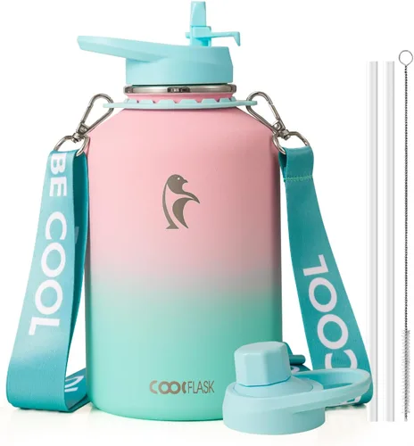 Miniatura 41 de Botella de agua Coolflask de 40 onzas con correa, botella de agua metálica aislada con popote y tapas con pico, acero inoxidable de doble pared al
