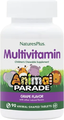 Natures Plus Animal Parade - Multivitamínico masticable para niños, sabor a uva, 90 tabletas en forma de animal, promueve la salud y el bienestar,