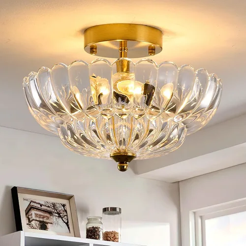 Lámpara de techo semiempotrada dorada, lámpara vintage de cristal de 12 pulgadas con base E26, lámpara moderna de 3 luces para dormitorio, pasillo,