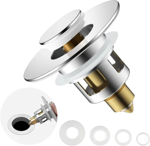 Miniatura 10 de Tapón universal 2 en 1 para lavabo de baño, colador emergente totalmente metálico con cesta de filtro antiobstrucción, para orificios de drenaje