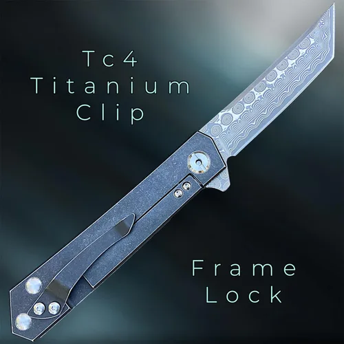 Miniatura 4 de Cuchillo plegable de bolsillo de Damasco, mango de titanio sólido Tc4, hoja Tanto de acero Damasco VG10 multicapa de 67 capas (Saint DXT)