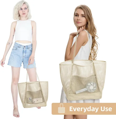 Miniatura 9 de KALIDI Bolsa de mano de malla de nailon para playa, bolso de mano casual para mujer, plegable MAX 23L, bolso de hombro para vacaciones de picnic