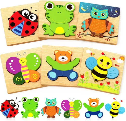 Rompecabezas de madera para niños pequeños, regalos para niños de 1, 2, 3 años, paquete de 6 rompecabezas de animales, juguetes Montessori, regalos