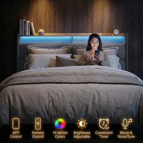 Miniatura 8 de Base de cama matrimonial con cabecera de almacenamiento con respaldo alado de 51.8 pulgadas, plataforma tapizada gris con estación de carga (tipo C)