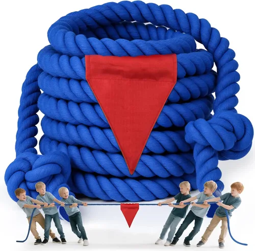 Cuerda de guerra de tira y afloja para niños y adultos, cuerda de guerra con etiqueta de 25 pies con bandera para exteriores, carnaval exterior, Azul