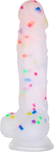 Consolador de silicona transparente de 8.2 pulgadas con forma de confeti y base de succión acampanada para uso con manos libres, consolador flexible