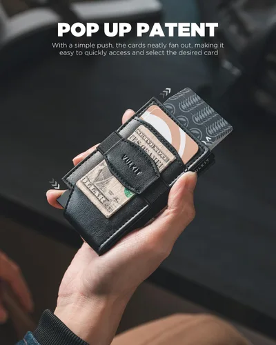 Miniatura 2 de VULKIT Billetera desplegable para tarjetas con correa de dinero, bolsillo frontal de cuero, con ventana de identificación, bloqueo RFID, funda