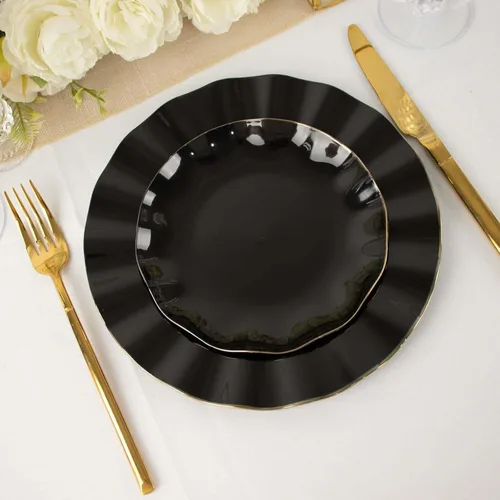 Miniatura 5 de Tableclothsfactory Paquete de 10 platos redondos de plástico negro de 6 pulgadas para ensalada de postre, platos desechables con borde ondulado