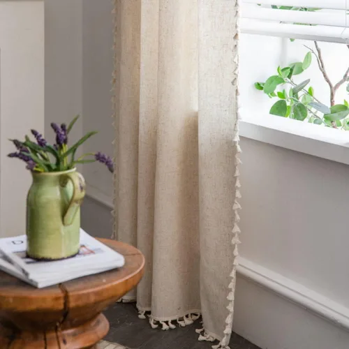 Miniatura 3 de AMZALI Cortinas texturizadas de lino y algodón con borlas, cortinas semiopacas para ventana, paneles de cortina con bolsillo para barra, cortina