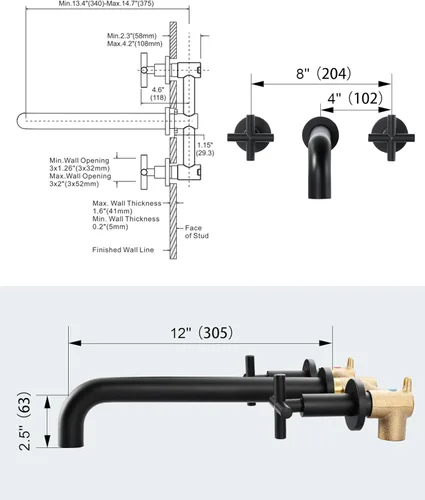 Miniatura 5 de ARCORA - Llenador de bañera de montaje en pared, negro mate, grifo de bañera de largo alcance, 2 asas cruzadas, grifo de bañera montado en la pared