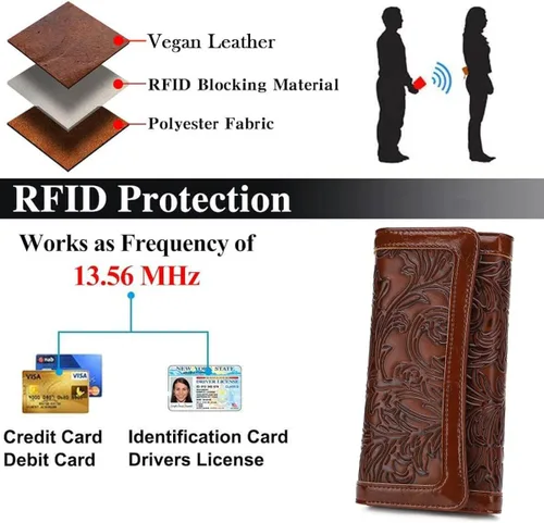 Miniatura 4 de MEITRUE Cartera de cuero RFID bloqueo triple señoras monedero en relieve largo embrague titular de la tarjeta teléfono chequera organizador 2214