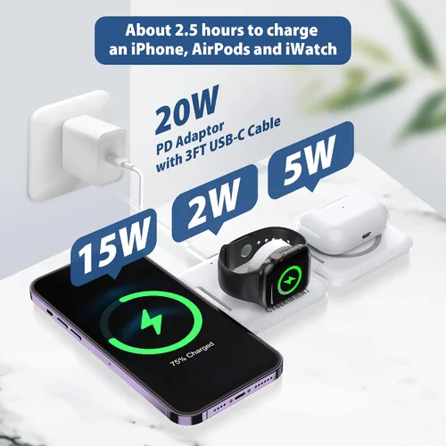 Miniatura 2 de CYBERGIANT Estación de carga Apple 3 en 1 para iPhone, Airpods iWatch, cargador de viaje para múltiples dispositivos, estación de carga plegable