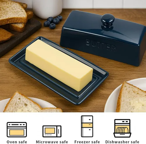 Miniatura 6 de Plato de Mantequilla con Tapa, WERTIOO Recipiente de Mantequilla de Porcelana con Asa, Cubierta Francesa de Mantequilla con Envase de Untador