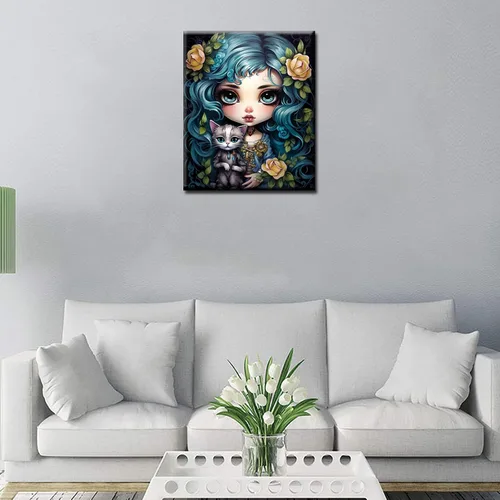 Miniatura 4 de Kit de pintura de cabeza de niña con flores, por números, con pinceles, animales, gatos, pintura al óleo acrílica para adultos y niños, plantas