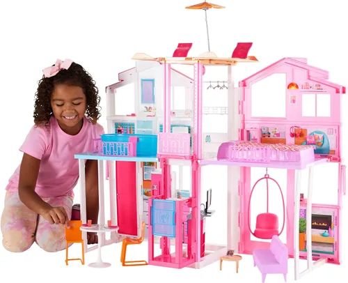 Barbie Casa de muñecas de 3 pisos con ascensor, silla de columpio, muebles y accesorios, plegable para portabilidad y viajes (exclusivo de Amazon)